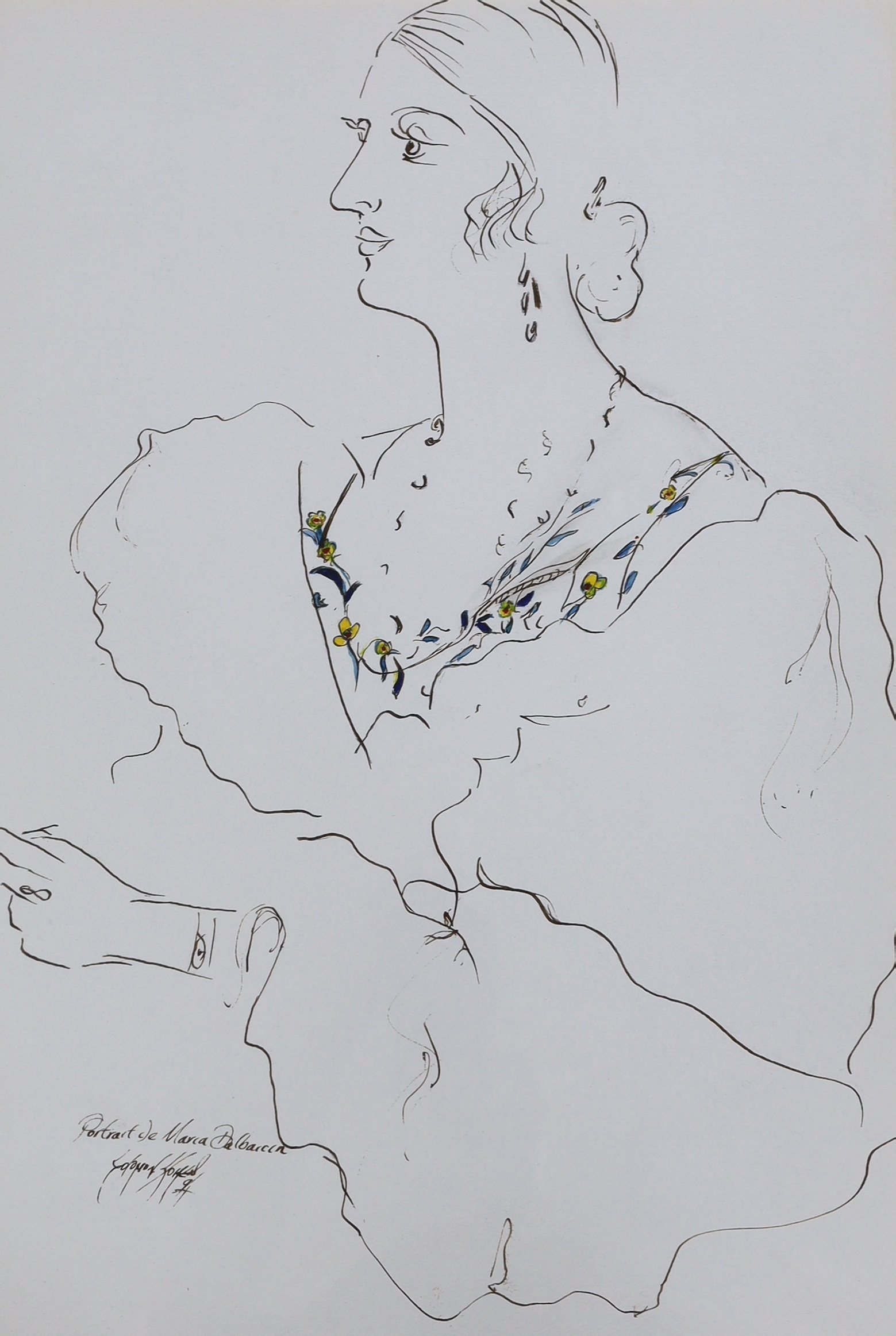 Pen and ink sketch, ‘Portrait de Maria Dalbaicin’, indistinctly signed and dated ‘94, Details verso regarding Pablo Picasso, 37 x 54cm; Barry Ebner (Contemporary) etching, Nude female